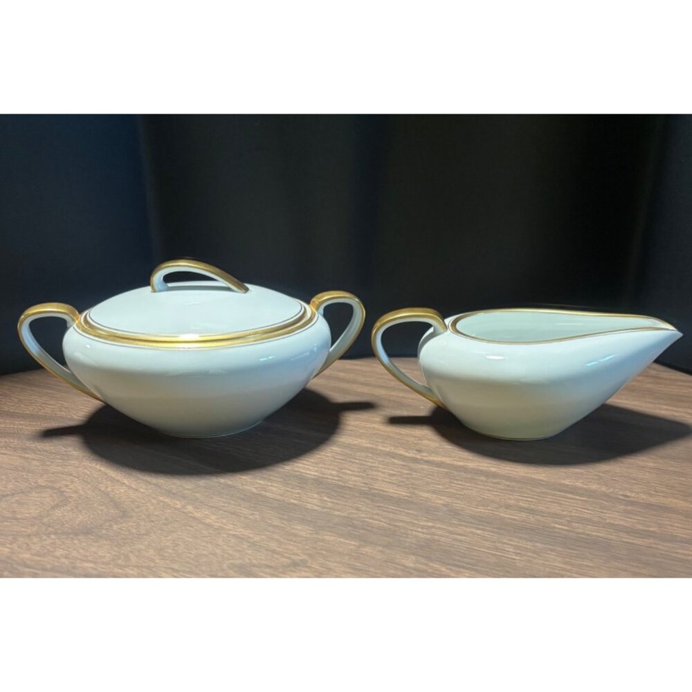 Noritake Bradford Vintage 1950s White & Gold Porcelain Sugar Bowl & Creamer Set
